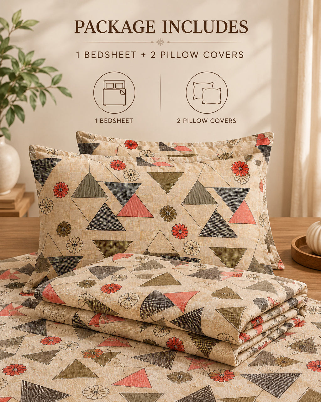 A bedding set displayed on a bed in a styled bedroom scene, including a patterned bedsheet and two matching pillow covers. The fabric has a cream base with geometric triangles and floral motifs in muted red, olive green, and charcoal gray.