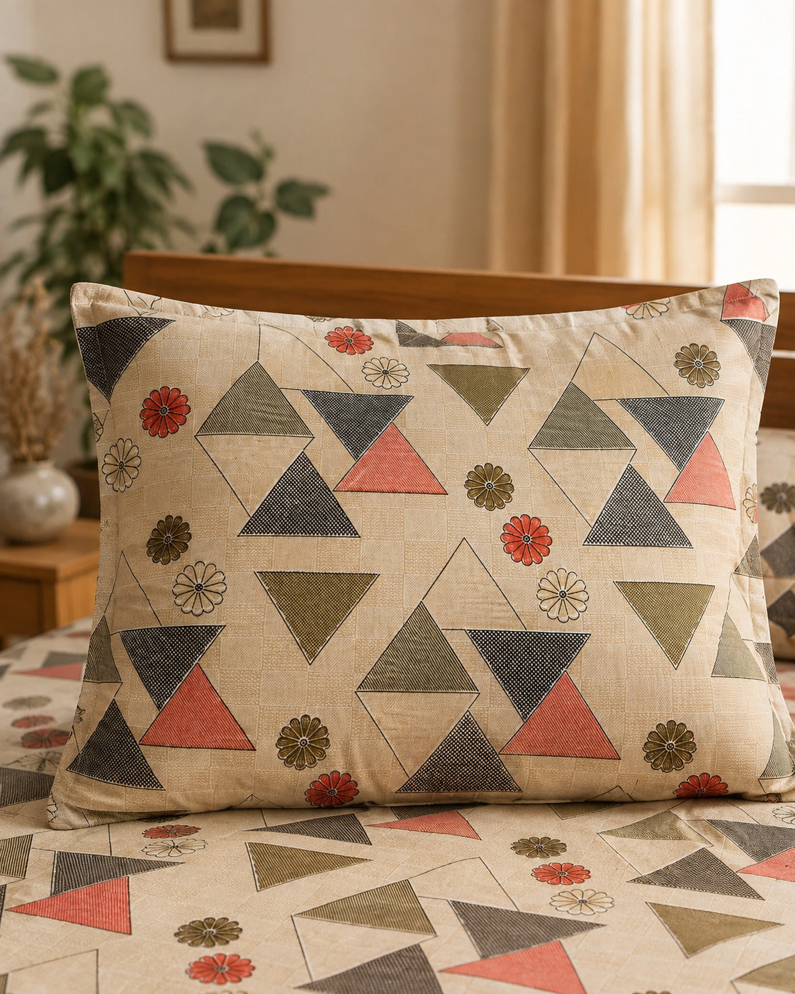 A decorative rectangular throw pillow with a geometric pattern of triangles and small floral motifs in muted red, olive green, navy, and cream, resting on a bed with matching pillowcases and a matching bedspread.