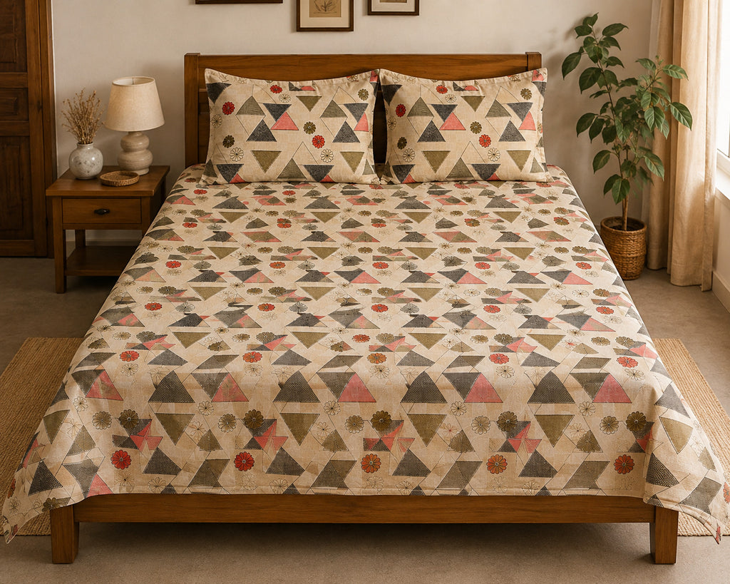 A bed dressed in a cream-colored geometric print bedding set with matching pillowcases, styled in a warm, rustic bedroom setting with a wooden headboard, bedside table, lamp, and potted plant.