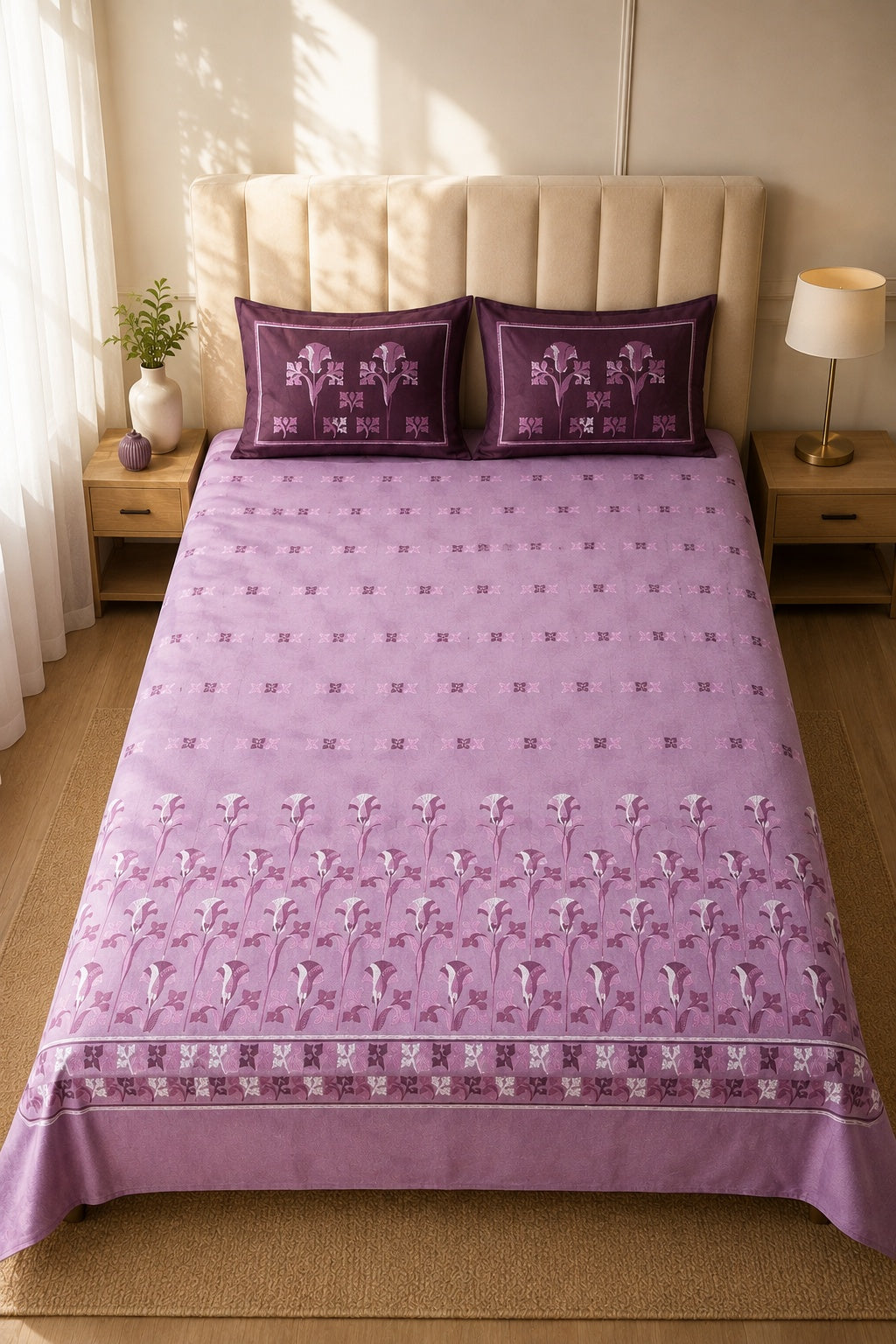 A bed dressed in a lavender-purple patterned cotton bedsheet set with matching pillowcases, styled in a warm, sunlit bedroom with a beige headboard and bedside tables.